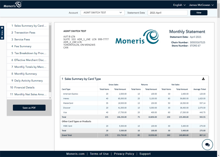 The Monthly Statement report provides navigation aids on the left side of the screen and account and date selectors at the top of the screen. 